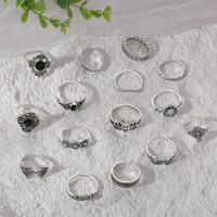 Lot de 15 bagues vintage pour femme, style bohème, en argent antique, motif lotus ajouré, empilables, avec gemmes incrustées, bijoux de doigt rétro