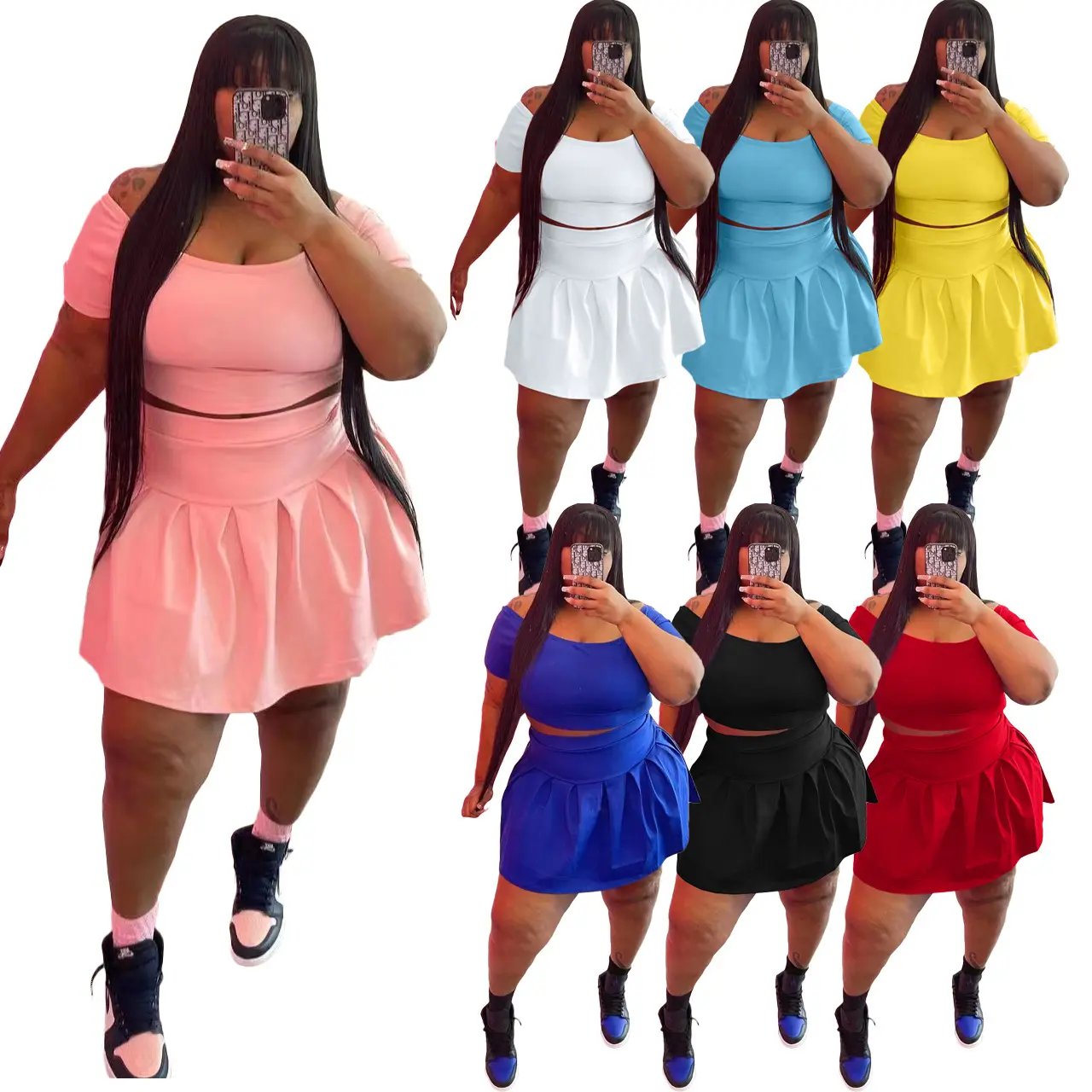 Amazon hot sale women's plus size clothing fashion off shoulder crop top tracksuit solid color women cotton 2 piece skirt set