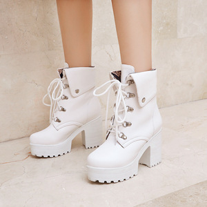 Botines Blancos para Mujer, Parte Superior de PU, con Cordones, Punta Redonda, Tacón Grueso, Plataforma, Aumentan la Altura, Estilo para Todas las Temporadas, Envío Directo - Product Image 2