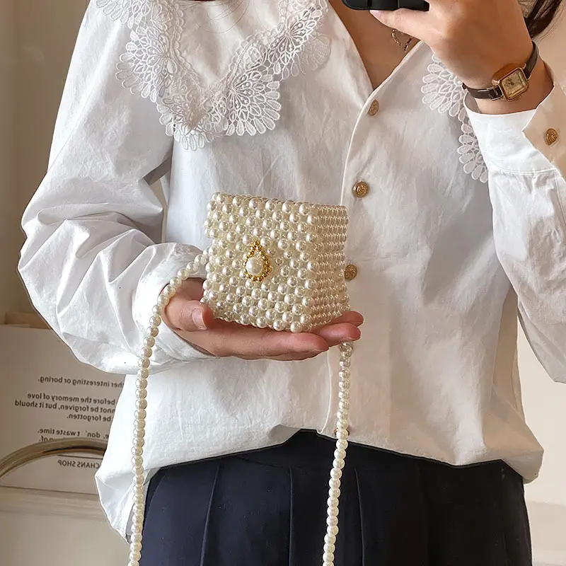 Mode weibliche Luxus Frauen Damen Hand Einkaufstasche billige Schulter Umhängetasche Kinder Mädchen Mini Perlen Perle quadratische Tasche Geldbörse