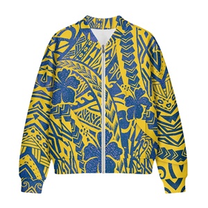 Giacca Bomber da <span class=keywords><strong>Donna</strong></span> Stile Tribale Polinesiano <span class=keywords><strong>Giallo</strong></span> e Blu, Casual con Zip Intera, Giacca Varsity con Tasche, Capospalla - Product Image 4