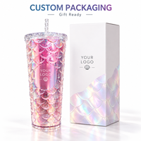 Gelas Plastik 24oz Grosir dengan Tutup dan Sedotan, Motif Sisik Ikan Duyung, Logo Custom, Cangkir Reusable dalam Jumlah Besar