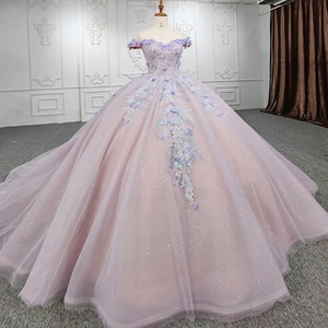 Off The Shoulder Pink Tulle Ball Gown With Floral Embroidery Empire Waistline Evening Dress For Performance And Events - Product Image 1