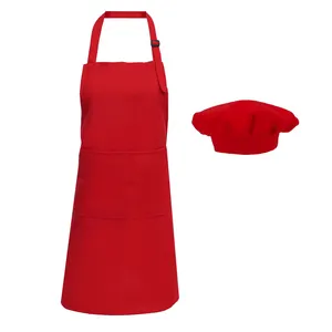 Toptan özel Logo çocuk çocuk süblimasyon ayarlanabilir boş pamuk tuval önlük ve şapka boyama mutfak önlük seti