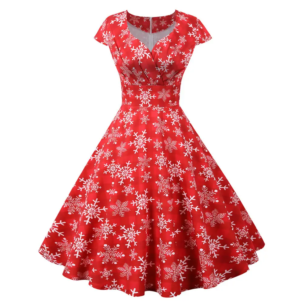 Red Christmas Party Dress Women 2021 Short Sleeve V Neck Elegant Vintage Print Xmas New Year Prom Sundress Plus Size 3XL Robe