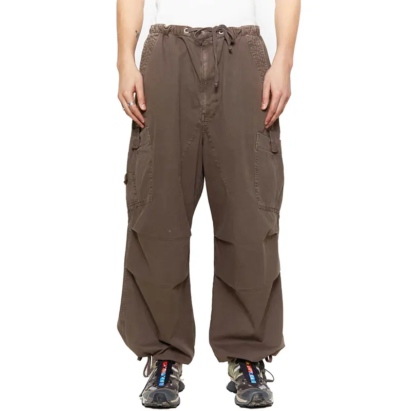 2022 High Quality Custom Outdoor Streetwear Brown Drawstring Cotton Baggy Trousers Mens Parachute Cargo Pants