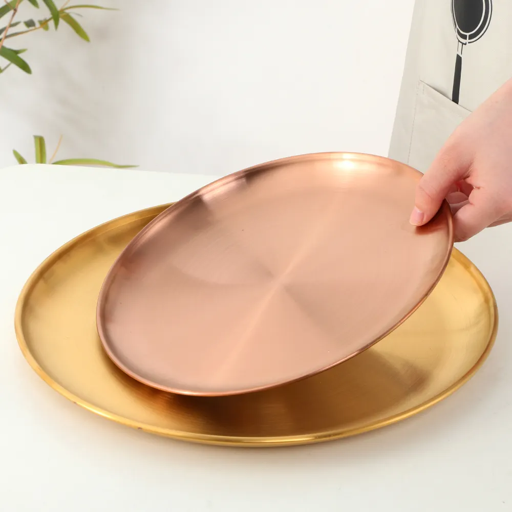 Party Tableware Homewares Round Kitchen Plates Serving Food Gold Stainless Steel Dinner Plate For Camping Outdoor