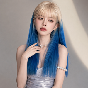 Perruque synthétique longue et droite, blond platine bleu, résistante à la chaleur, avec <span class=keywords><strong>frange</strong></span>, pour femmes, usage quotidien ou cosplay, ajustable, directement de l'usine - Product Image 5