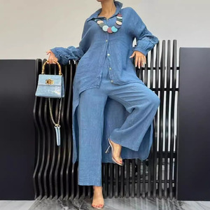 Ensemble décontracté pour femme, haut à manches longues et pantalon à ourlet irrégulier, rouge, polyester et élasthanne, style Europe-Amérique - Product Image 4