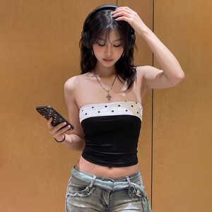Top Corto Estivo da Donna con Stampa a Pois e Patchwork Nero, Sexy, Senza Spalle, Slim Fit, Stile Streetwear Y2K, Top Senza Schienale per Ragazze - Product Image 3
