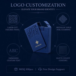 Boîte cadeau personnalisée bleu marine <span class=keywords><strong>d</strong></span>écoupée au laser avec manchon en filigrane de feuilles, fermeture à languette avec icône en feuille <span class=keywords><strong>d</strong></span>'or, emballage cadeau de luxe mat doux au toucher - Product Image 4