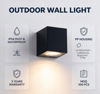 Lampes murales extérieures carrées GU10 étanches IP54, conformes CE ROHS, pour vente en gros et en vrac