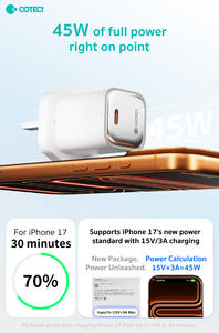 Coteci 3 PIN 1M USB C TO C สายวันที่ PD QC 45W GAN UK ชาร์จเร็วชุดอะแดปเตอร์โทรศัพท์มือถือสำหรับ <span class=keywords><strong>iPhone</strong></span> 17 <span class=keywords><strong>PRO</strong></span> <span class=keywords><strong>MAX</strong></span> - Product Image 4