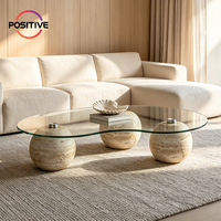 Table basse en verre Wabi Sabi avec base sphérique en travertin naturel pour salon, petit appartement, meubles