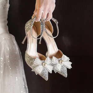 Heeled <b>Sandals</b> Pointed Toe Stiletto Heel High Heel <b>Bow</b> Decoration For Wedding Adult Ceremony - Product Image 3