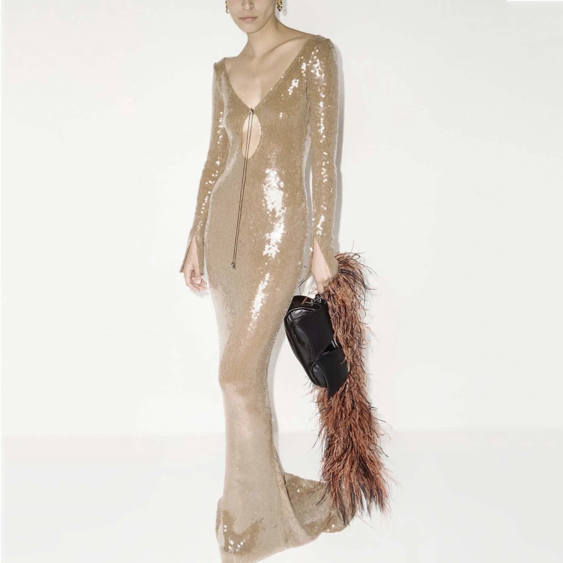 Cutout deep V Neck Ball Gown Long Sleeve Sparkly Dress Glitter Midi Evening Dress Slit Sequin Dress for Women