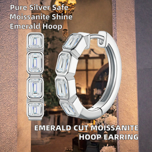 Pendientes de Aro Largos con Moissanita Corte Esmeralda Clásico, Plata de Ley 925, Baño de Rodio, Pulidos, Hipoalergénicos, Joyería de Lujo - Product Image 2