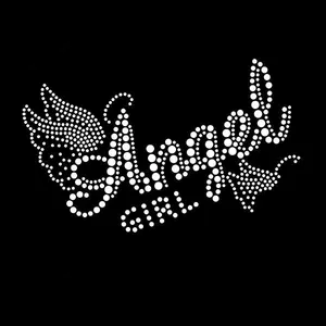 Camiseta com apliques de anjo asas para meninas, coração e caveira, strass, design de transferência para camiseta