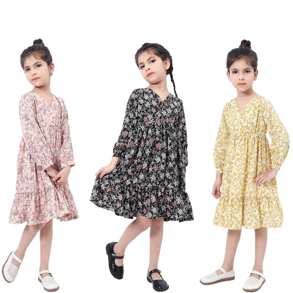Wholesale new autumn party print wear dresses flower long sleeve V neck baby dress for kids girl