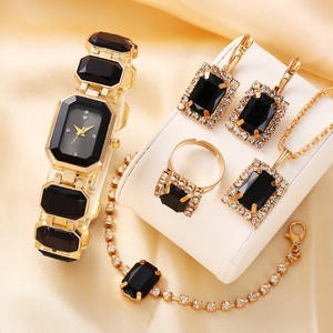 Ensemble montre et bijoux pour femme, montre à cadran carré en alliage tendance pour femme, collier, bracelet, bague, boucles d'oreilles, boîte cadeau - Product Image 1