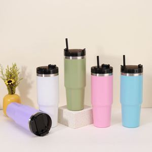 Vaso Térmico de Acero Inoxidable de 30oz para Conducir, con Aislamiento al Vacío, para Bebidas Frías en el Auto, con Asa y Pajita, Ideal para Viajes en Auto - Product Image 1