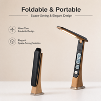 Lampe de bureau LED à effet bois avec horloge LCD, calendrier, température, pliable, rechargeable, à intensité variable, pour la protection des yeux, lampe de chevet