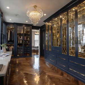 Armoire <span class=keywords><strong>de</strong></span> chambre à coucher moderne <span class=keywords><strong>de</strong></span> <span class=keywords><strong>luxe</strong></span> bleu marine VSME avec portes battantes, grande îlot-garde-robe intégré avec éclairage LED pour usage hôtelier - Product Image 5