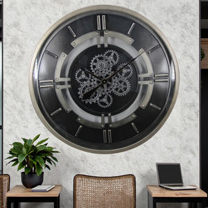 Horloge murale industrielle mécanique de luxe de 24 pouces à aiguilles mobiles, avec engrenages apparents, carte du monde <span class=keywords><strong>vintage</strong></span>, pour décoration de salon - Product Image 6