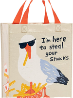 Sac fourre-tout en toile importé écologique Blue Q - « I'm Here Steal Your Snacks » - Réutilisable, poignées robustes, 95 % de matériaux recyclés