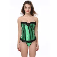Satin Green Lace Up Elastic Bone Overbust Corset Top Women Bustier With G String