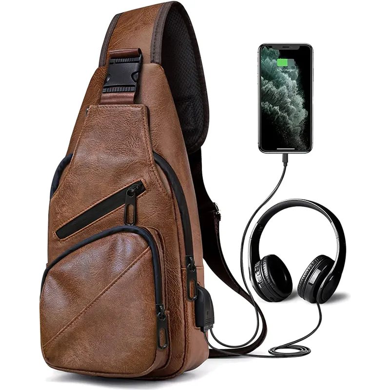 Custom Adults Unisex Men Women Waterproof Leather Chest Bagpack USB Charging Port Causal Smell Proof Shoulder Bag Sling Backpack