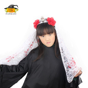 Diadema de novia con calavera de Halloween, con flores rojas y velo, para niñas, accesorio de disfraz para juegos de rol - Product Image 2