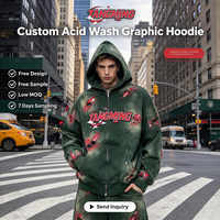 Sweat à capuche zippé personnalisé OEM, délavé à l'acide, épais, avec motif graphique effet peinture pulvérisée, style grunge streetwear