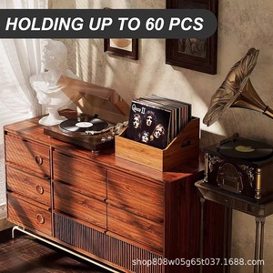 Retro Wooden Record Rack Solid Wood Bookcase For Vinyl <b>CD</b> Display Home Storage Organizer Cabinet With <b>Shelves</b> And compartments - Product Image 3