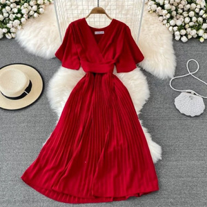 Verano nuevo estilo cuello en V <span class=keywords><strong>Vestido</strong></span> <span class=keywords><strong>de</strong></span> manga corta rodilla-adelgazamiento plisado elegante Ladylike cintura-ceñido con cordones grandes vestidos casuales - Product Image 1