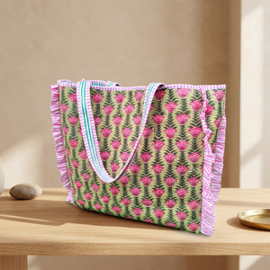 Sac fourre-tout spacieux pour femme, idéal printemps-été, avec fermeture éclair, imprimé bloc, en tissu de coton résistant, couleur unie, tendance - Product Image 3