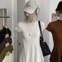 Blusa de punto de color liso para mujer, cuello simulado, manga corta, dobladillo de cola de pez, elástica, suave, ajuste ceñido y favorecedor