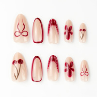 Faux ongles en ABS, forme amande, rouge nude, motif fleur, avec nœud rouge jazzant et cerise, 30 pièces en boîte, vente en gros, pour usage quotidien et fêtes