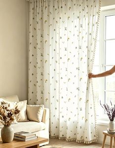 Rèm cửa hoa văn xanh cổ điển cho phòng khách, rèm cửa phong cách nông trại màu kem be pha vải lanh - Product Image 3