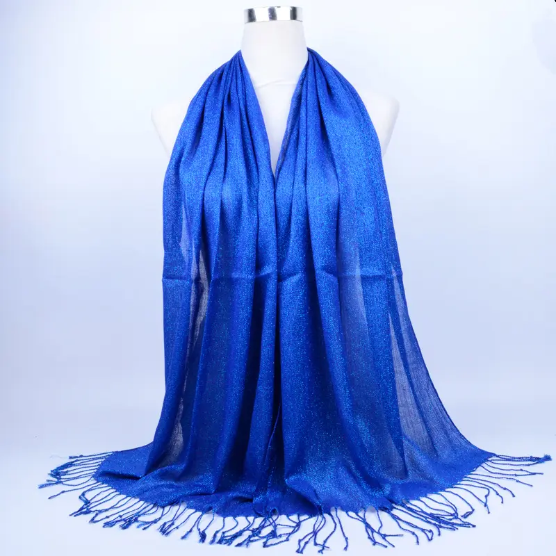 Wholesale Dubai Shimmer Solid Color Silk Hijabs Turkish Muslim Women Long Silk Scarf with Tassel