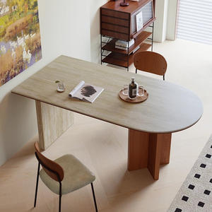 Apartamento pequeño francés <span class=keywords><strong>Mesa</strong></span> de isla <span class=keywords><strong>semicircular</strong></span> Estilo medieval Travertino doméstico <span class=keywords><strong>Mesa</strong></span> de comedor de madera maciza SC627 - Product Image 3