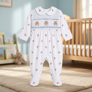 Mono de bebé clásico con volantes, 100% algodón, con pies, estampado de oso de peluche, manga larga para niños, venta al por mayor - Product Image 3