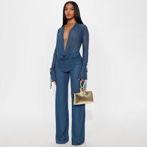 Modisches 2-teiliges Set Sexy Mesh Neckholder-Oberteil mit Bindung und Langen Ärmeln sowie Lange Hose Zweiteiliges Damen-Outfit - Product Image 6