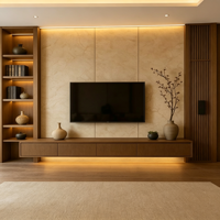 Meuble TV flottant en bois massif avec éclairage LED chaud, combinaison minimaliste style Song de meuble TV et table basse pour salon