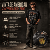 T-shirt en coton épais 285G pour homme, coupe ample, noir, avec motif vintage délavé, manches courtes, style streetwear américain, personnalisable