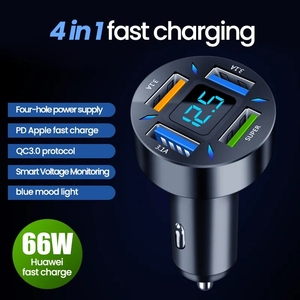Adaptador de cargador de coche USB 4 en 1 de 66W 4A salida rápida Compatible con <span class=keywords><strong>iPhone</strong></span> 14 Pro Max Xiaomi Huawei Samsung Enchufe europeo/estadounidense - Product Image 2