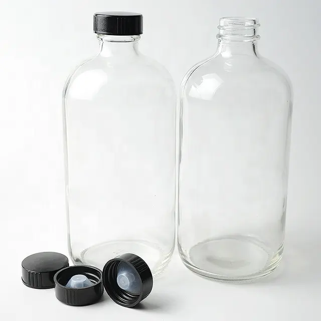 Garrafa de vidro redonda de 16oz 500ml, garrafa de vidro âmbar transparente para bebidas, suco, café com tampa fenólica preta