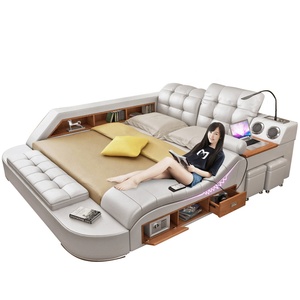 Moderno dormitorio de lujo diseño italiano rey tamaño de cuero genuino negro cama de masaje - Product Image 1