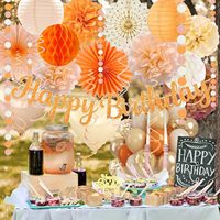 Décorations de fête d'anniversaire bohèmes automne orange-pêche - Bannière Joyeux Anniversaire, lanternes en papier, pompons en papier, fournitures de ballons