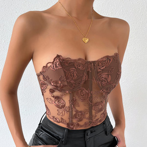Femmes noires trois dimensions fleur acier anneau enveloppé poitrine hors épaule petit gilet Corset femmes Corset hauts - Product Image 2